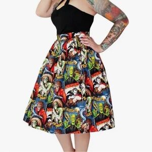 Vintage Monster Print A-Line Skirt